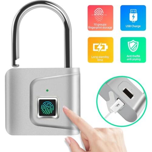 Security Door Lock Smart Keyless USB Rechargeable Fingerprint Padlock For Locker Sports School Zinc alloy Metal(No Key App Lock)