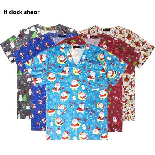 Christmas print Pet grooming scrub Uniforms wholesale Unisex beauty salon workwear tops tooth health check scrubs women uniforms