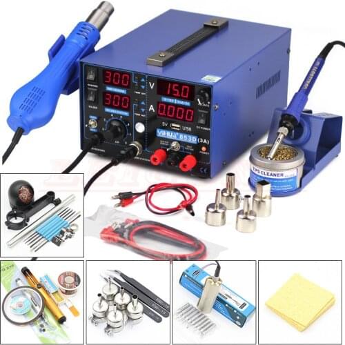 YIHUA 853D+ 3A 3 In 1 Hot Air Solder Rework Station Heat Gun Soldering Iron Power Supply With Free Gifts