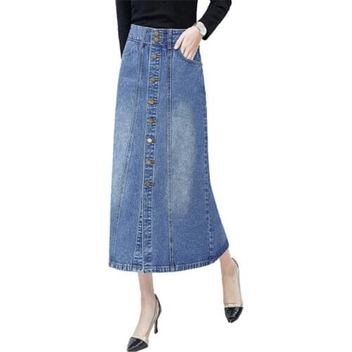 2020 Fashion Spring Summer Denim Skirt Women Super Long High waist Jean Skirts Single-breasted Casual Solid A-line Skirts KW147