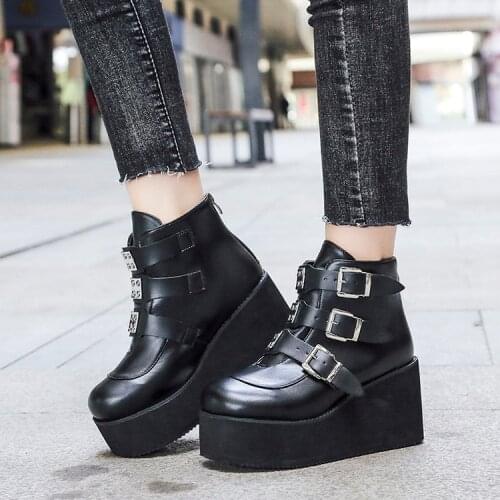Brand New Metal Buckle Ankle Boots Women Fashion Punk Female High Platform Boots Wedges High Heels Shoes Woman Platform Boots