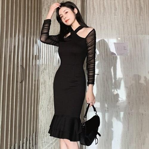 Fall 2020 Ladies Sheer Trumpet Midi Bodycon Autumn Winter Dress Women Fashion Clothing Hot Sale Patchwork Black Wrap Dress Woman