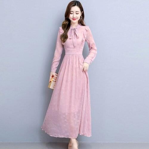 Autumn 2020 New Long Sleeve Ladies High-End Chiffon Dress Women Lace Celebrity Temperament Jacquard Maxi Dress Elegant Robe Y557