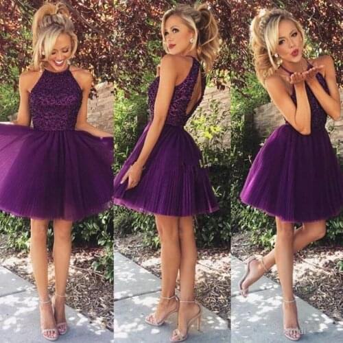 Women Tulle Short Homecoming Dresses Halter Above Knee Prom Dresses Sequined Sleeveless Cocktail Dress