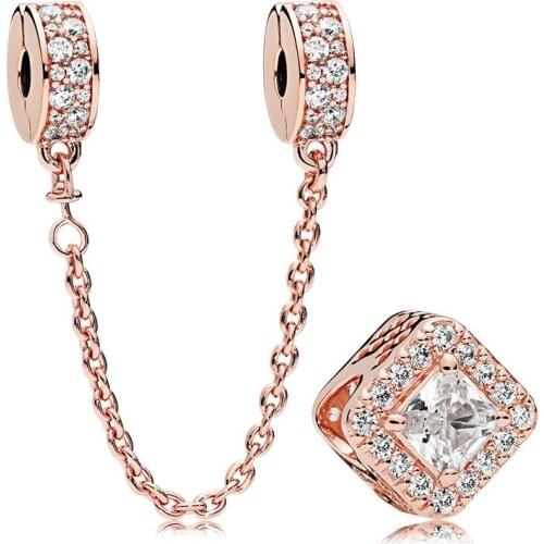 2018 NEW 100% 925 Sterling Silver Rose Gold Geometric Radiance Charm Pack Bead Safety Chain Fit Original Bracelets Jewelry Gift