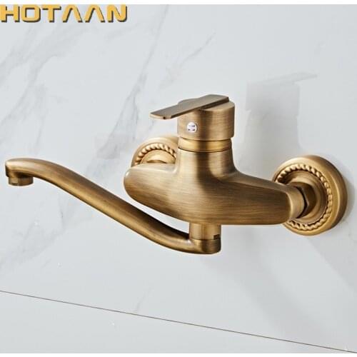 Free Shipping Antique Brass Kitchen Sink Mixer Tap Luxuy Dual Hole Wall Mounted Vintage Copper Faucet
