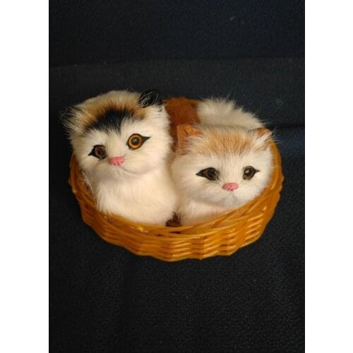 Simulation animal white cat 14x9x12cm two cats together with one basket ,polyethylene&furs emulation kitty birthday gift k0444