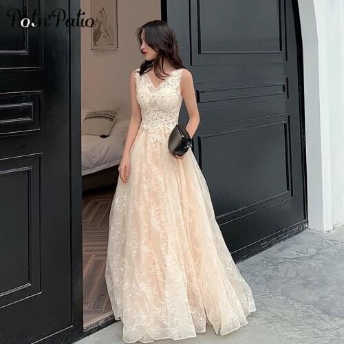 Champagne Lace Evening Dresses Long 2021 V-Neck Shoulder Straps Sleeveless Floor-length Women Formal Gowns For Prom