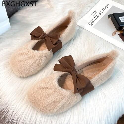 Loafers Butterfly-knot Square Toe Fashion Slip on Women Shoes Casual Shoes Woman 2021 White Fur Flats Boat Shoes Women Zapatos
