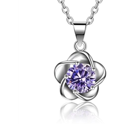 TJP Cute Flower Pendants Necklace For Women Party Jewelry Trendy Purple Crystal Female Accessories Fashion 925 Silver Necklace