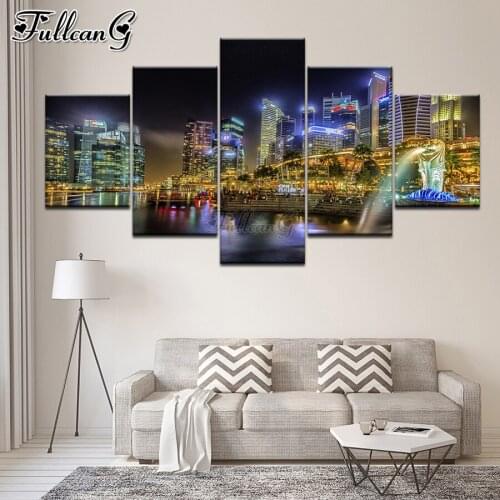 FULLCANG City night view scenery 5 piece diy diamond painting full drill mosaic cross stitch rhinestone embroidery kits FG0212