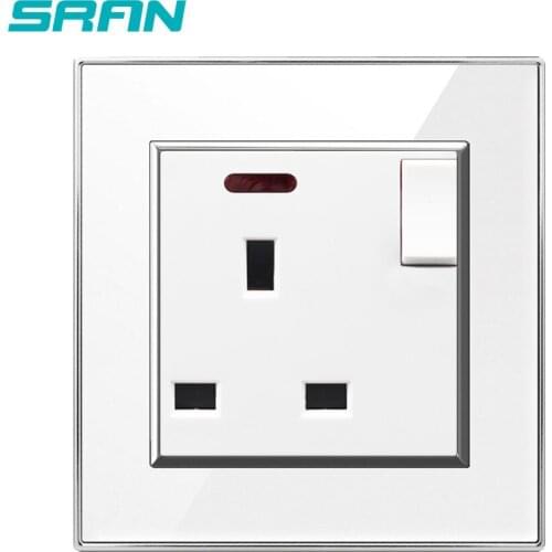 SRAN UK wall socket with switch,13A 250V Gold crystal acrylic panel mirror plated silver edge 86mm*86mm power socket