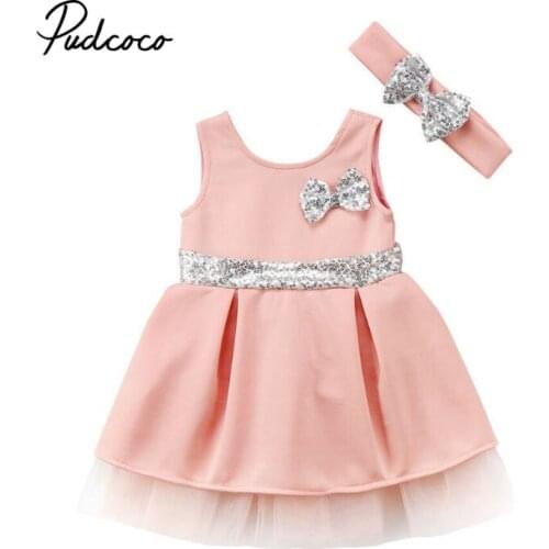 Newborn Baby Girls 2019 Sequins Bow-Knot Decor Dresses+Headband 2PCS Outfits Set Pink And White Princess Casual Clothes 6M-4T