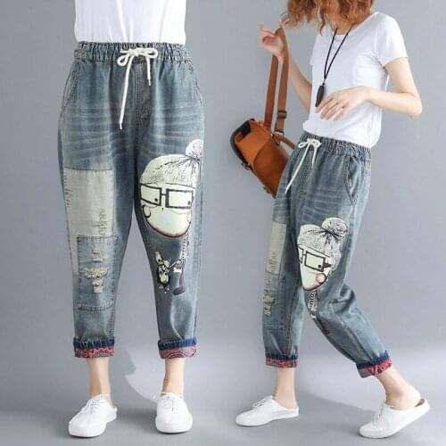 Han edition spring do old printed jeans garment harlan big yards elastic waist trousers leisure nine minutes of pants