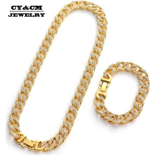Hip Hop Iced Out Rhinestone Gold Silver Plated Necklaces for Mens Miami Cuban Link Chain Long Necklace Bracelets Jewelry 13mm