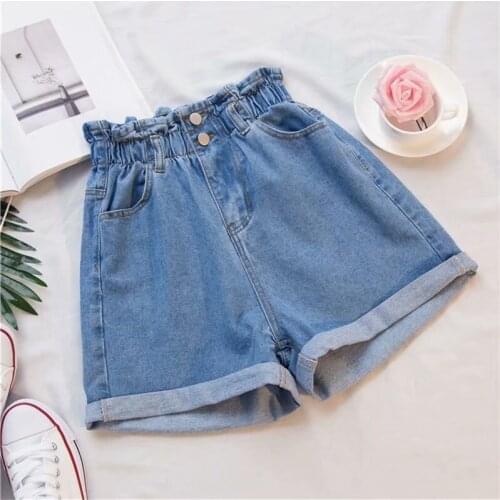 5xl Denim Women Shorts Ruffles High Waisted Wide Leg Short Pockets Black Casual Summer Elastic Hot Pants Female Plus Size