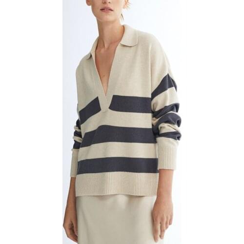 Korean Fashion Women Sweater Autumn Winter Polo Neck Simple Lapel Pullovers Female Striped Sporty Casual Long Sleeve Jumper Tops