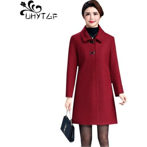 UHYTGF Luxury Autumn Winter Wool Coat Top Ladies fashion Slim long Woolen outerwear Elegant Female jacket L-4XL Plus size 1065