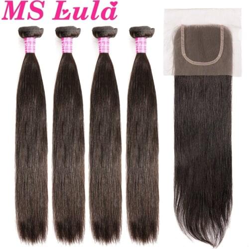 Ms Lula Hair 4 Bundles Brazilian Straight Weave With 4x4 Lace Closure 100% Remy Human Hair Bundles With Closure Hair Extensions