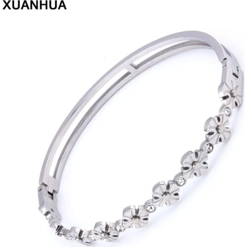 XUANHUA Bracelets Bangles Stainless Steel Bracelet For Women Metal Bracelet Flower Crystal Bangle Luxury New Fashion Jewellery
