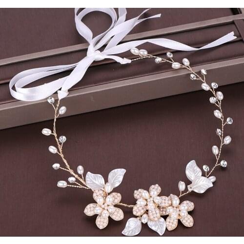 Gold Pearls Wedding Headbands For Women Rhinestone Leaves Hair Pin Tiara Hair Jewelry Head Chain Handmade Bride Hair Accessories