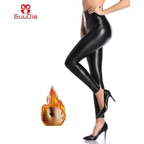 GUUDIA Women Sexy Leggings Black Legging Stretchy Faux Leather Leggings Fleece Lined Winter Velvet Pants Stretchy Pant Legging
