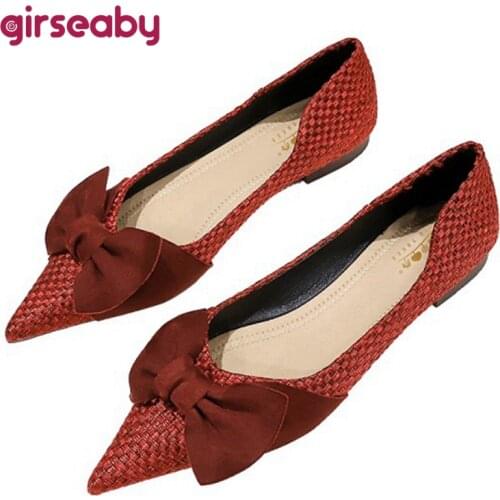 Girseaby Pointed toe Shallow mouth Bowknot Flat shoes Commuting All seasons Woven comfortable Soft-soled flat-heeled women Hot