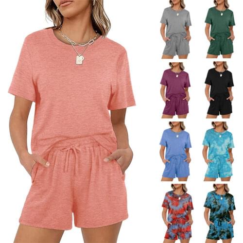 Womens Casual Solid Short Sleeve T-Shirts Elastic Waist Band Pockets Shorts Set Summer Two Piece Suit Casual Wear Tracksuit