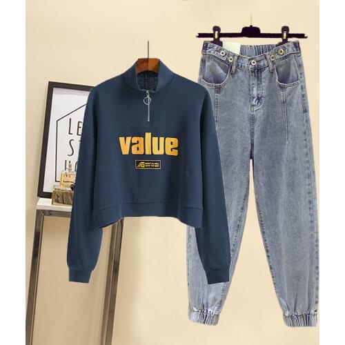 Women Fashion Set Autumn New Sports Print Short Sweatshirt High Waist Loose Casual Denim Pant Female Korean Two Piece Suit