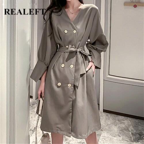 REALEFT Autumn Winter 2021 New Double Breasted Womens Midi Dresses Sashes High Waist Long Sleeve Shirts Dress Pockets Female