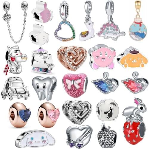 1Pcs New Cute Swan Bunny Car Heart Bead Pendant Fit Original Pandora Charm Bracelet Women Jewelry Gifts