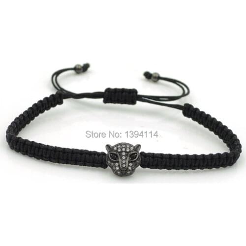 11*10*6mm Micro Pave CZ Leopard Head Beads & 4mm Round Beads Braided Macrame Bracelet Jewelry
