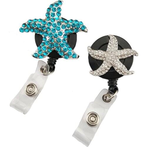 20pcs Zinc Alloy Blue/White Rhinestone Starfish / Five-Pointed Star Decoration ID Badge Reel