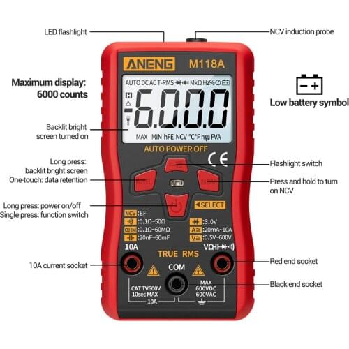 M118A Digital Mini Multimeter Tester Auto Mmultimetro True Rms Tranistor Meter NCV Data Hold 6000counts Flashlight Dropship