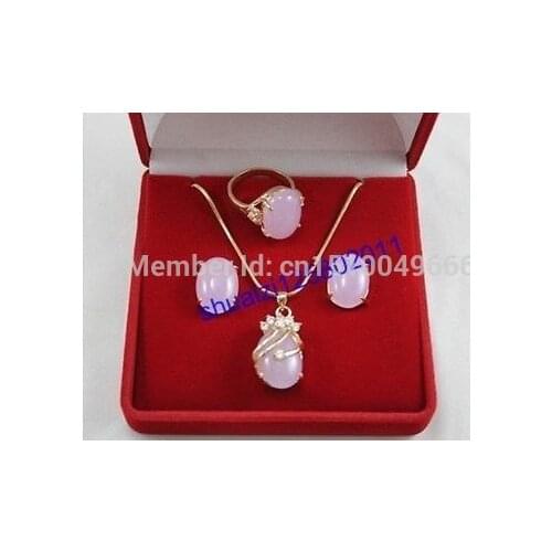 ER258 Hot sale Cute Pink STONE Pendant Necklace Earrings Ring Set