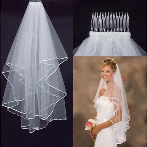 Wedding Simple Tulle White Ivory Two Layers Bridal Veil Ribbon Edge Cheap Bride Accessories 75cm Short Women Veil Comb