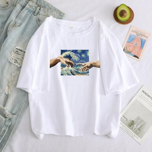 Women T Shirts Funny Aesthetic Hand Michelangelo Print T Shirt Summer Short Sleeve tops Oversized T-Shirt Casual Tshirt Female