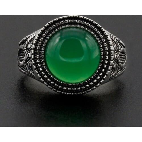 Men Ring 925 Sterling Silver Round Shape Green Natural Stone Similar to Owl Pattern Vintage for Women Men Lovers Jewelry
