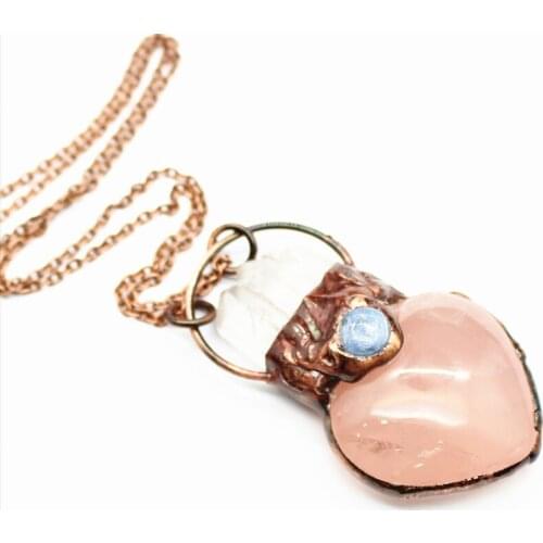 Natural Rose Crystal Quartz Heart Shape Vintage Pendant BOHO Antique Gold Hoop Aquamarines Beads Necklace Hand Making