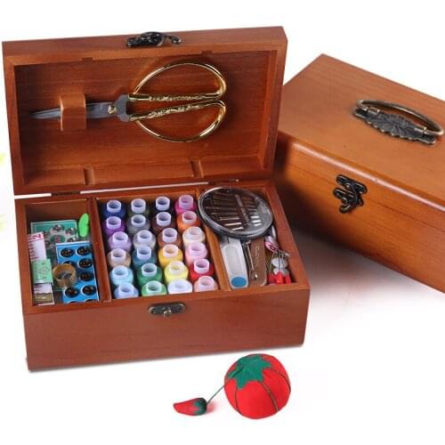 Newest DIY Wood Box Sewing Kit Needle Tape Scissor Multifunction Threads Sewing Tools Accessory Sewing Kits For Home &Travelling