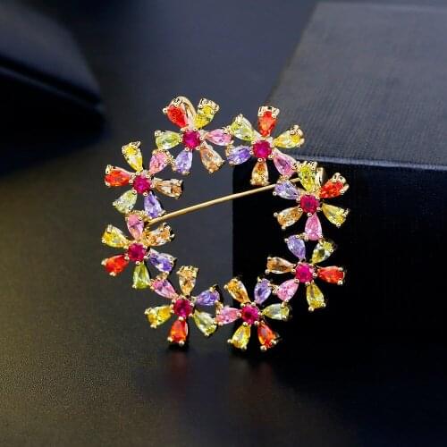 Luxury AAA Zircon Wreath Brooch Rhinestone Multicolor Brooches Pins for Women Crystal Wedding Broaches Sash Broach Jewelry Gift