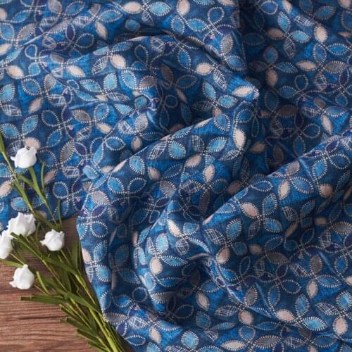 High Quality Natural Ramie fabric Retro Blue Quadrangle Printing sewing fabric High-end thin summer dresses tissu