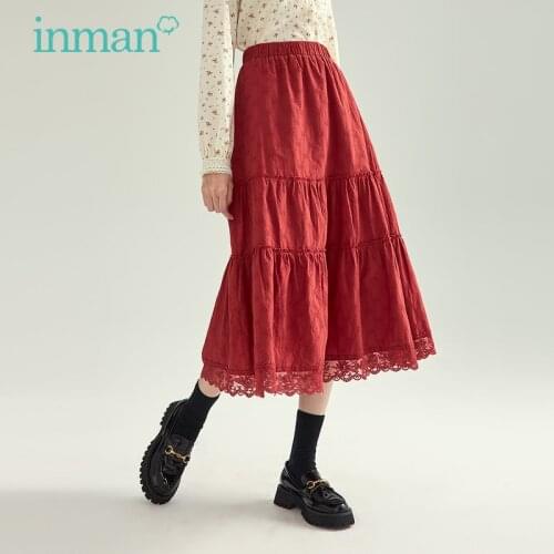 INMAN Spring Autumn Skirt Women Retro Red Elegant Jacquard Lace Hem Elastic Waist A-Line Feminine All-Match Bottoms