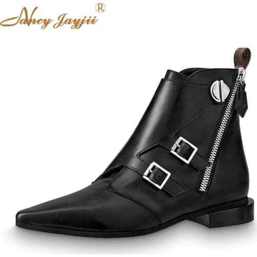 Genuine Leather Red White Famous Brand Short Boots Side Zipper Buckle Pointed Toe Low Heel Ankle Bota Luxury Funky Size 39 40 41