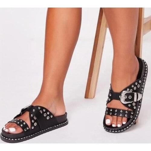 2021 Brand Best Quality Leisure Comfy Walking Black Summer Casual Rivets Gladiator Sandals Women Fashion Shoes Big Size 43