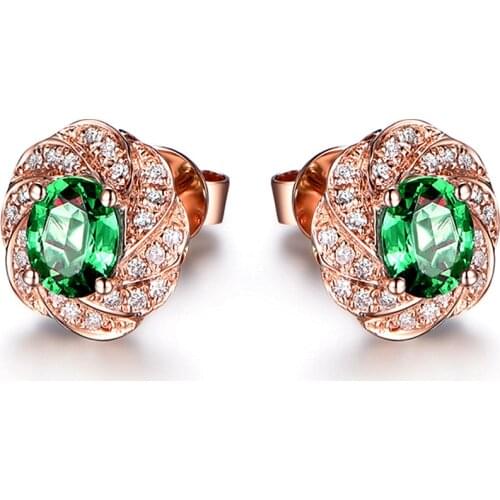 Emerald Gemstones Green Crystal Zircon Diamonds Stud Earrings For Women Rose Gold Tone Jewelry Bijoux Gifts Fashion Accessories