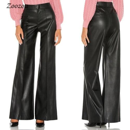 Women Faux Leather High Waist Wide Leg Pants Black PU Leather Loose Casual Long Pants Solid Fashion Office Straight Trousers New