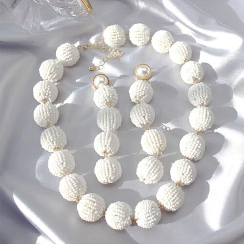 Big White Seed Beads Ball Short Choker Collar Necklace with Pearls Brincos Jewelry Necklace for Women Bridal Wedding Party Gift