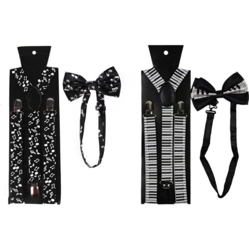 2020 New Men Women 2 In 1 Suspenders Bow Tie Set Black White Music Notes Piano Keyboard P