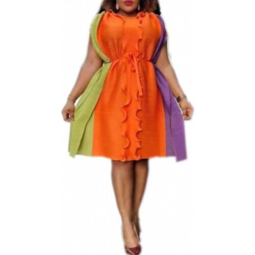 2021 African Dress Women Color Matching Pleated Chic Fashion Comfort Work Wear Midi Party Dress Africaine Clothes Dashiki